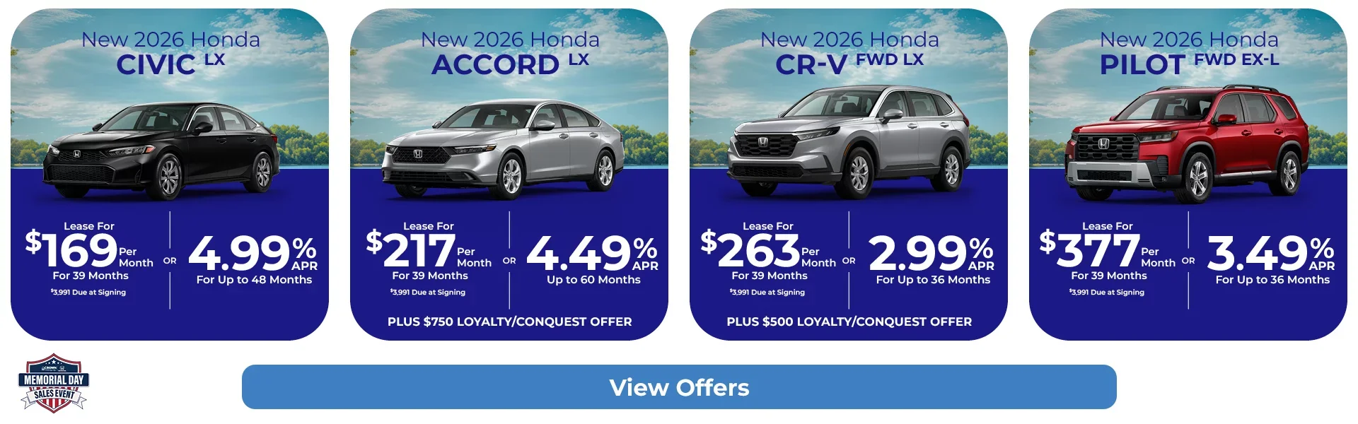 2026 Honda Civic LX, Accord LX, CR-V FWD LX, Pilot FWD EX-L